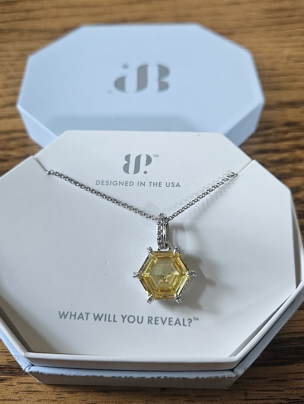 Bomb Party Hexagon Lemon Cz Pendant Necklace with Rhodium Plated Chain.